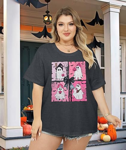 Plus Size Halloween Shirts for Women Funny Ghost Shirt Funny Spooky Season Short Sleeve Pumpkin Graphic Tee Tops4