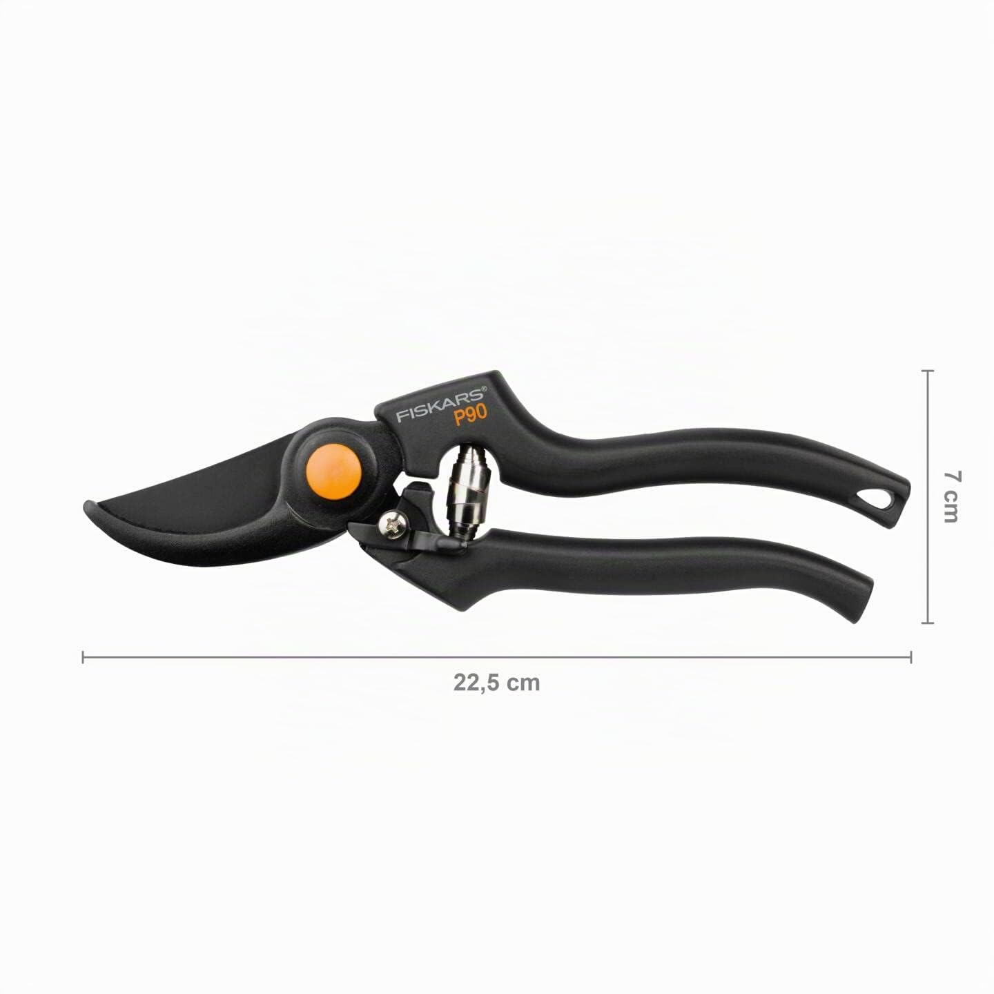 Fiskars Tijeras de podar con cuchilla bypass, Diámetro de corte: 2,6 cm, Cuchillas de acero de calidad con cubierta antiadherente, Longitud: 22,5 cm, Negro/Naranja, Pro, P90, 1001530