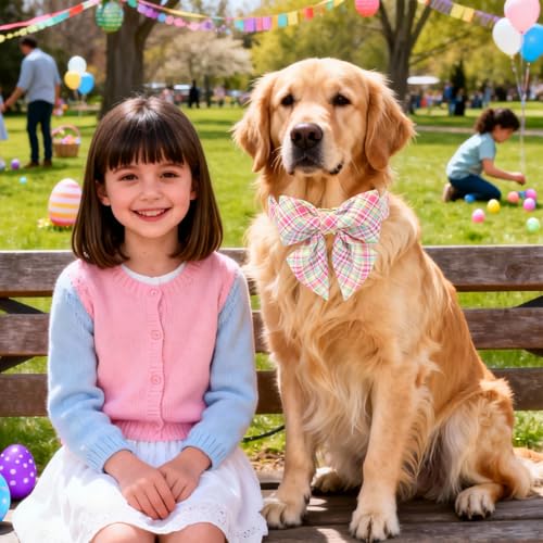 Image of DOGWONG Easer Dog Collar with Sailor Bow,Colorful Plaid Dog Collar, Adjustable Durable Soft Easter Dog Collars for Male Female Dogs,S