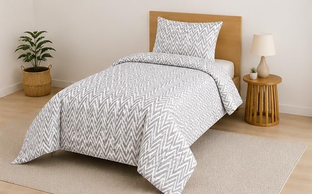 Image of 210 TC Glace Cotton Soft Cotton Zig Zag Design Flat Queen Size 60x90 inches Bedsheet Set - Lightweight & Durable 1 Bed Sheet with 1 Pillowcase 17x27 inches Grey