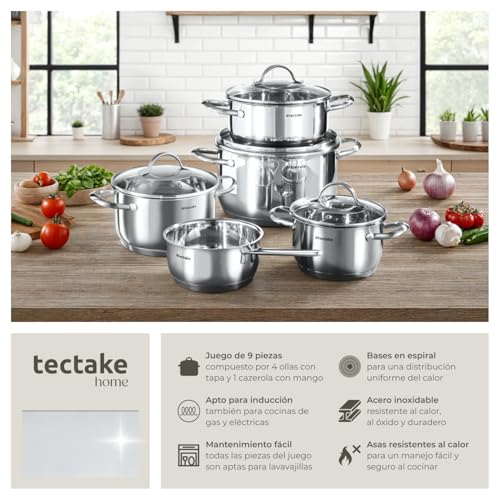 tectake® Juego de 4 Ollas con Tapa, 9 Piezas en Acero Inoxidable, Apto para Inducción, Escala de Medición, Asas Resistentes al Calor, Tapa de Cristal con Salida de Vapor, Ideal Cocinas y Camping - - imagen 2