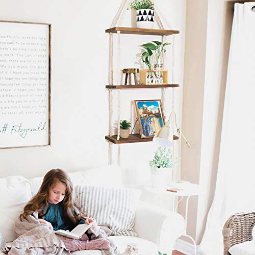 Timeyard Macrame Shelf Hanging Shelves, Wood Wall Shelf With Woven Rope, Rustic Floating Shelves Storage Organizer, 3 Tier Shelf Boho Decor For Living Room, Bathroom, Bedroom #TOP4