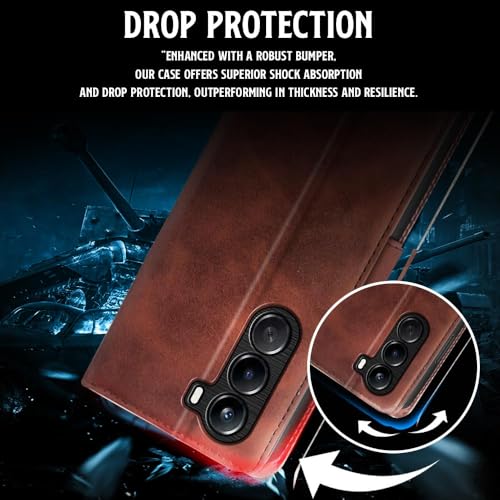 Image of WOW IMAGINE Shock Proof Flip Cover Back Case for 1+ OnePlus Nord CE 6 Lite 5G (Magnetic Button Flip Case | Wallet Pockets & Stand | Leather Finish | Coffee)