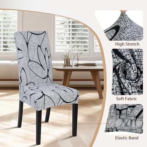 Image of SearchI Dining Room Chair Covers Set of 4, Stretch Printed Parsons Chair Slipcovers Spandex Removable Washable Kitchen Chair Protector Cover for Dining Room, Hotel, Ceremony (Grey Lotus+White Texture)