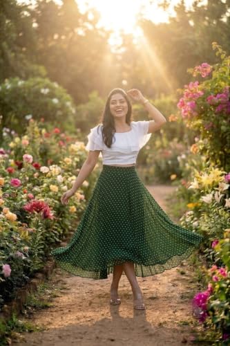 Image of Women's Lycra Top with Georgette Skirt | Polka Dot Print Long Flared Maxi | Full Length Flowy Skirt for Women | Stylish Casual Wear