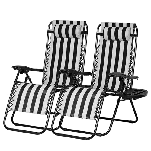 Nazhura Set of 2 Relaxing Recliners Patio Chairs Adjustable Steel Mesh Zero Gravity Lounge Chair Beach Chairs with Pillow and Cup Holder Khaki (Black/White Stripe)
