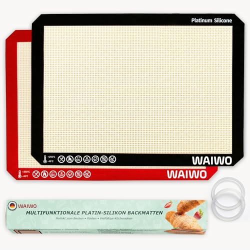 WAIWO Silikon Backmatte Set 2er Pack 42×30cm mit Aufbewahrungsringen – Backmatten mit 0,7 mm Stärke aus Premium Antihaft Platin-Silikon, BPA-frei, Wiederverwendbar, leicht zu reinigen, Hitzebeständig