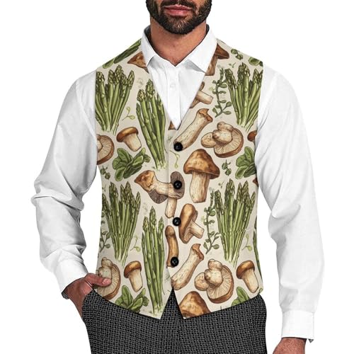 Asparagus And Mushroom Suit Vest for Men Slim Fit Sleeveless Jacket V Neck Business Waistcoat Button Up Dressy Top