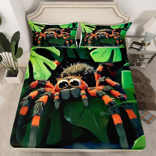 Cartoon Tarantula Fitted Sheet,Palm Leaves Green Tropical Plants Bedding Set for Kids Teens Adults,Jungle Wild Animal Spider Decor Bed Cover with 2 Pillowcases(No Top Sheet),Queen Size 3 Pcs