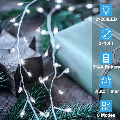 Image of 2 Pack Battery Christmas Fairy Lights Total 20Ft 400 LED String Lights | Cluster Firecracker String Lights Waterproof with Timer 8 Modes for Wreath Tree Wedding Gift Decor (Cool White)