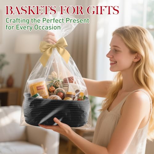 Image of Woven Basket with Gift Bags and Ribbons, 14 inchX 10 inch X 6 inch Storage Basket Black | Gift Storage Organizer Basket Bin Shelf Shelves Cotton Rope Basket for Nursery, Pet Toys