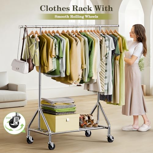Holiwei Clothes Rack Load 450 LBS, Heavy Duty Garment Rack, Standing Rolling Metal Hanging Clothes with Sturdy Wheels & Shelves, Silver by Holiwei - Image 5