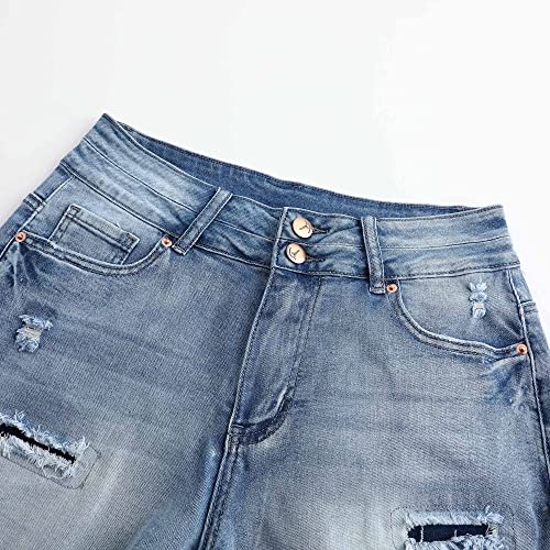 Image of THUNDER STAR Women Mid Rise Ripped Stretchy Jeans Shorts Frayed Raw Hem Casual Denim Shorts