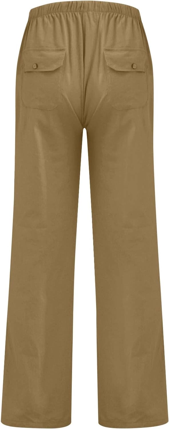Linen Pants Men Plus Size Relaxed Fit Elastic Waist Pants Lightweight Boho Summer Beach Yoga Pants with Pockets