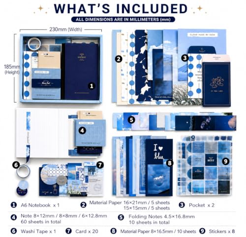 Image of RANDEN Blue Journaling Kit, 346PCS Vintage Scrapbook & Stationery Set with Aesthetic Stickers, Ephemera Pack and Journal Supplies for Bullet Journals, Planners, Albums & Creative Crafts (Warm Blue)