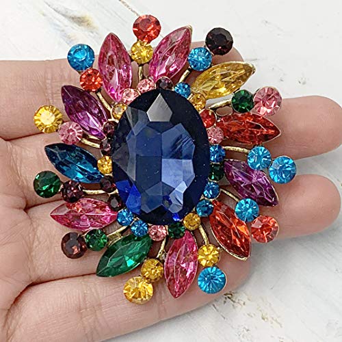 Image of SELOVO Flower Rhinestone Statement Brooch Pin Broach Antique Gold Tone
