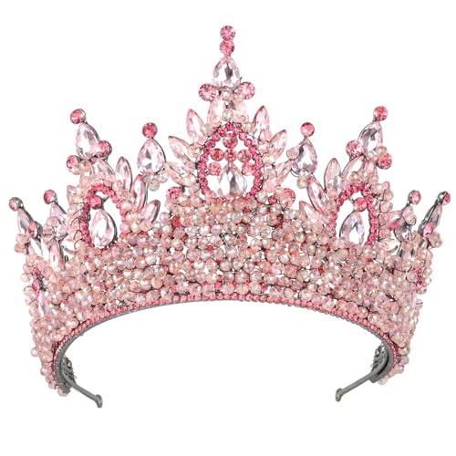 Brihasory Luxury Rhinestone Baroque Queen Tiaras and Crowns for Women Handmade Wedding Princess Headband Sparkly Crystal Costume Headpieces for Quinceanera Halloween Birthday Prom(Pink)