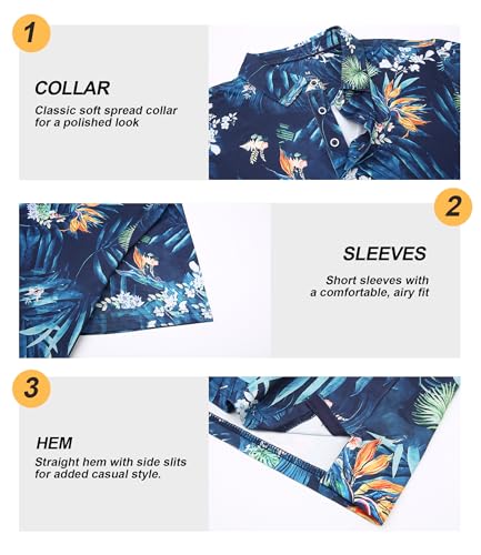 Damipow Mens Navy Palm Hawaiian Polo