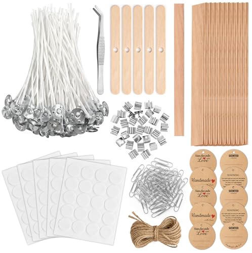 Candle Wicks for Candle Making Kit Supplies 130 Pcs with 100 Cotton & 30 Crackling Wood Wicks for Soy Beeswax Candles Holders & Stickers Handmade Gifts Set (4 inch)