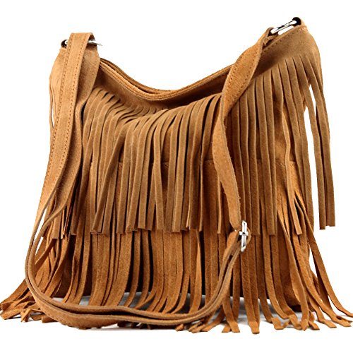 modamoda de - ital sac à bandoulière en daim frangé T125, Couleur:Camel lumière