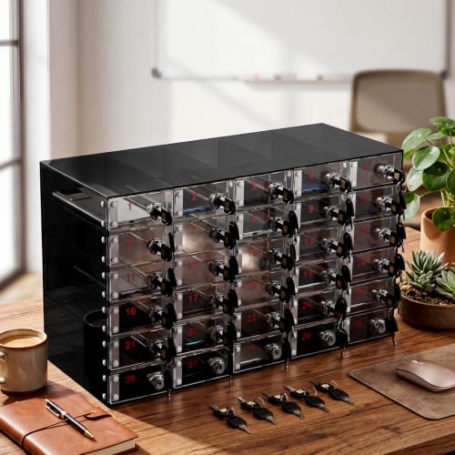 Image of Layhit 30 Slots Cell Phone Locker Box for Classroom Black Acrylic Cell Phone Storage Cabinet Bin with Door Locks for Classroom School Students Office Factory Employees
