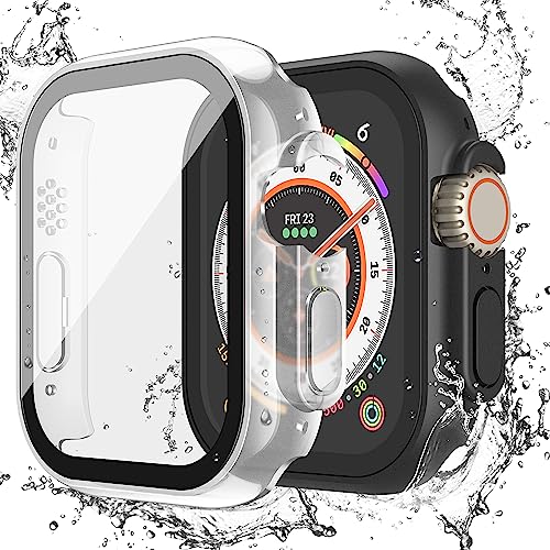 Image of Misxi [2 Pack] Waterproof Case with Button Designed for 49mm Apple Watch Ultra 3 (2025) / Ultra 2 / Ultra, Hard PC Cover with Tempered Glass Screen Protector for iWatch, 1 Black + 1 Transparent