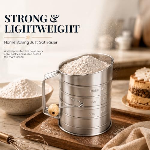 Image of Bellemain Stainless Steel Flour Sifter for Baking with Hand Crank - 3 Cup | Fine Mesh, Silver Color, Double Loop Agitator, Rust Resistant