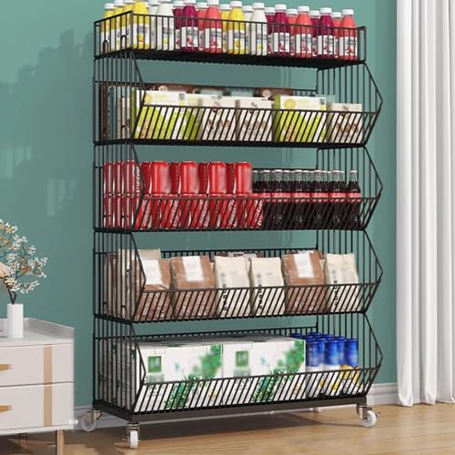 WDJBPSH Supermarket Shelf Display Rack 5-Tier, Onion Potato Vegetable Organizer/Fruit Snack Drinks Storage Cart, Large Capacity & Space Saving (Color : Black, Size : 90x45x140cm)