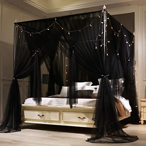 VETHIN 4 Corners Post Princess Bed Canopy Curtain Double Layer Cozy Drape Netting 4 Opening Mosquito Net for Girls & Adults Bedroom Decoration Accessories (Double Black, 59″ W*82″ L*82″*H/(Queen))