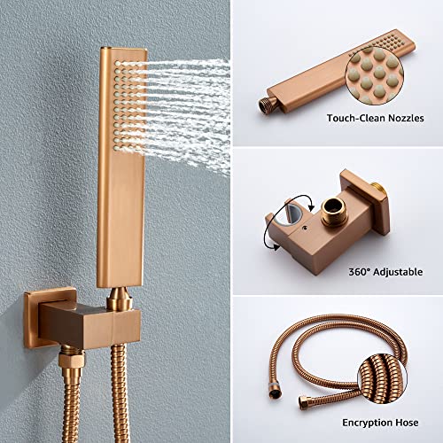 Image of Iriber Brushed Rose Gold Rain Shower System with 12 Inch Shower Head and Handheld Bathroom Wall Mounted Shower Set Contain Shower Faucet Mixer and Trim Kit (Valve Included)