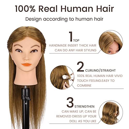 mannequin head with 100 real hair for cosmetology cenoz 1834 light brown hairdresser training head with clamp holder and tool doll head mannequin head for hair styling practice