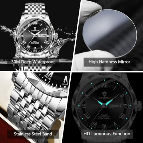 Image of BINBOND Men's Watch Luxury Business Dress Analog Quartz Stainless Steel Casual Date Wrist Watches for Men Easy Read Roman Numeral Large Dial Waterproof Luminous