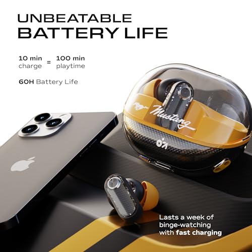 Image of GOBOULT Mustang Sprint in Ear Earbuds with 60H Playtime, Amp App Support, 32dB Active Noise Cancellation, Quad Mic ENC, Dual Device Pairing, 10mm Drivers, BTv 6.0 TWS (Turbo Yellow)