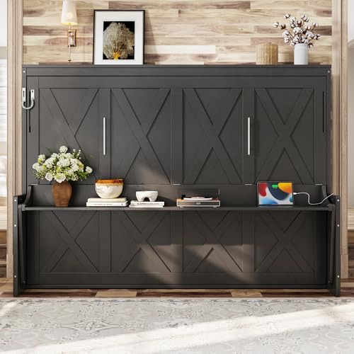 Image of KEIKI Queen Size Horizontal Cabinet Murphy Bed with Desk, Solid Slats, Gray