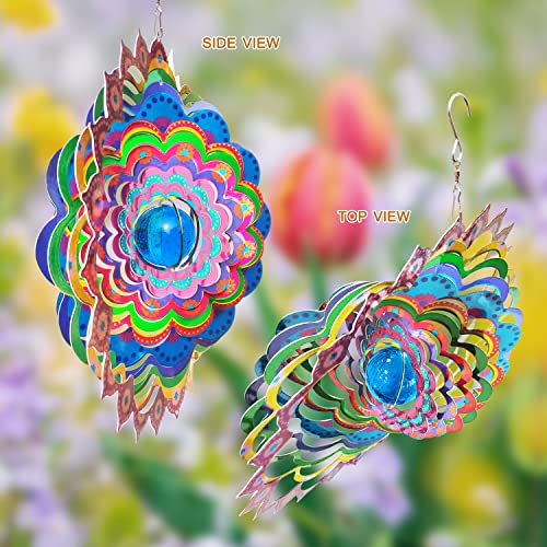 Image of FONMY Mandala Wind Spinner w /Crystal Ball Peacock- 3D Stainless Steel Hanging Spinners Worth Gift Christmas Decoration Indoor /Outdoor Garden Decor Kinetic Yard Art 12 Inches Wind Sculpture