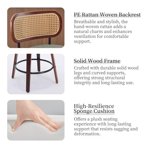 Image of Swivel Counter Height Bar Stools Set of 4, 26 inch Bar Chairs with Curved Rattan Back, Linen Upholstered Seat, Walnut Craftsmanship, Mid Century Modern Counter Stools for Kitchen Counter, Light Green