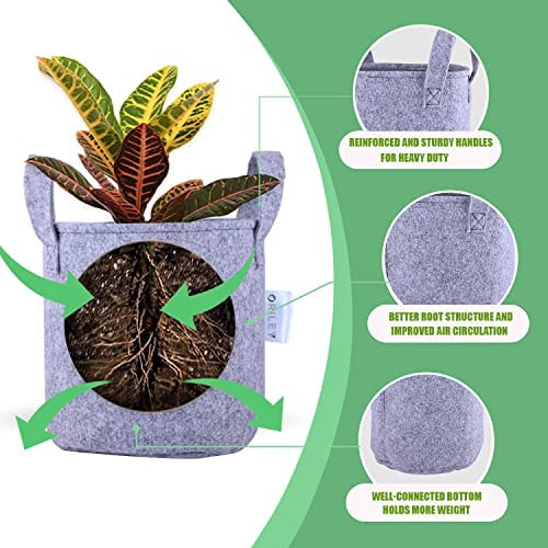 ORILEY Grow Bag Heavy Duty Geo Fabric Plant Pot with Sturdy Handles Lightweight Bags Ideal for Gardening Balcony Terrace (Grey, Round, 500 GSM 12 x 12 inch Pack of 2)