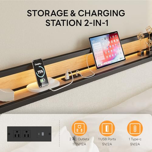 Image of LIKIMIO King Size Bed Frame, Storage Headboard with LED Lights and Charging Station, Metal Platform Bed No Box Spring Needed, Noise Free, Under Bed Storage, Natural and Cream