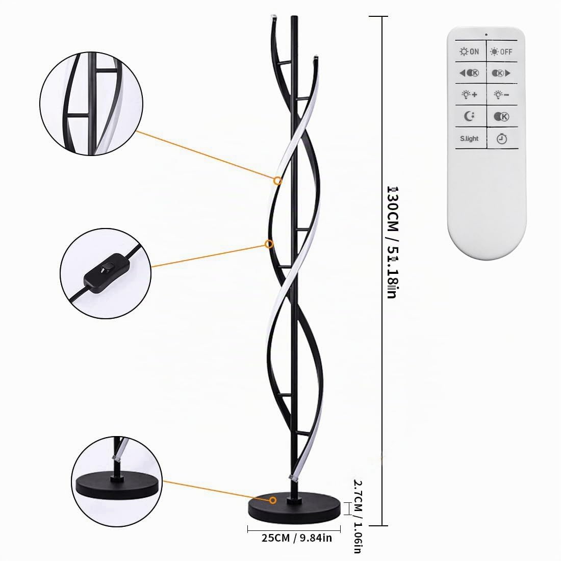 Lámpara de pie LED Regulable con Control Remoto, Moderno Negro Espiral lampara de pie salon para Sala de Estar,Salon,Dormitorio