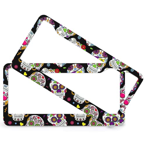 2 Pcs Set 2 Holes Sugar Skull Flowers License Plate Frame Auto Car Accessories Tag Aluminum Metal License Plate Cover Frame Size 6.3" X 12.2" For Us Standard Vehicles For Women Men Gifts(Sugar Skull) #TOP1