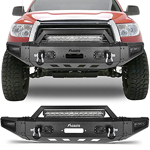 FINDAUTO Front Bumper Fit for 2007-2013 for Toyota Tundra Upgraded Textured Black Rock Crawler Bumper with D-ring and Winch Plate,with LED Lights
