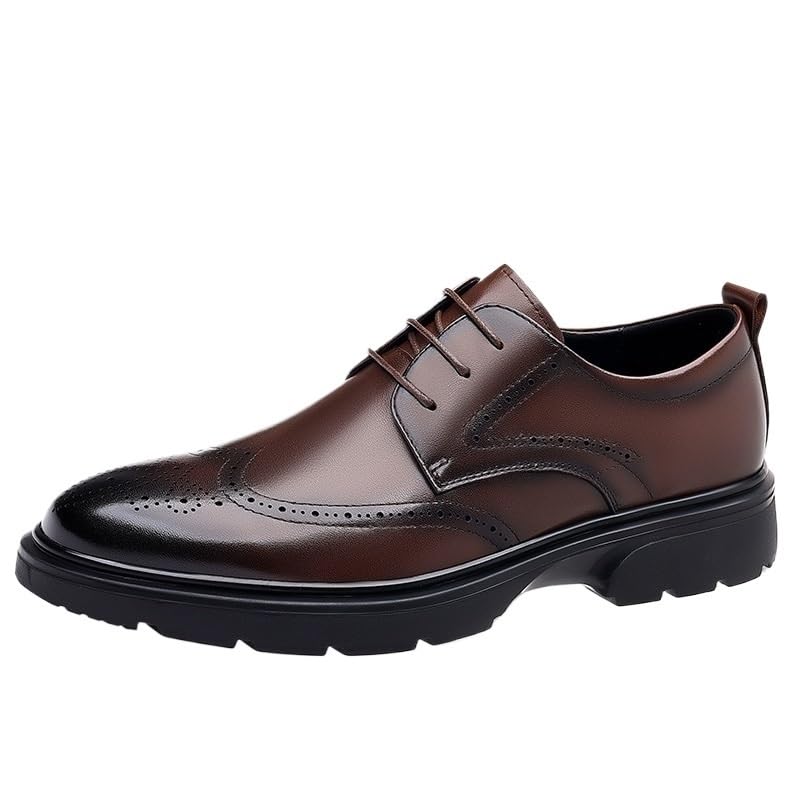Dark Brown Dress Shoes for Mens Retro Lace Up Pointed Burnished Toe Brogue Embossed Wing tip Leather Shoes Block Heel Low Top Slip Resistant Business Dress Oxford Shoes for Men2