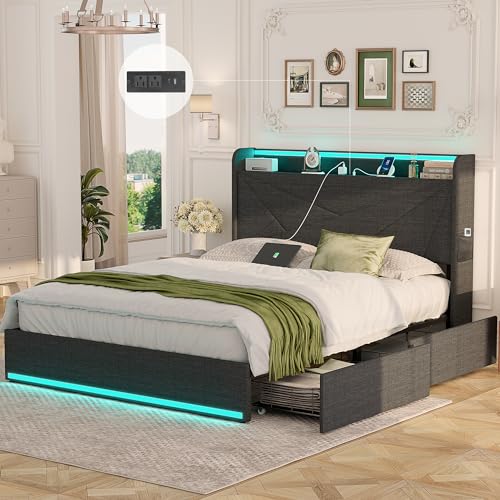Alohappy Queen Bed Frame with Storage Drawers and Charging Station, Upholstered Platform Bed Frame with LED Light and Type-C & USB Ports,Metal Support No Box Spring Needed Noise-Free Easy Assembly