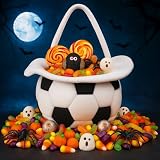 Simgoing Halloween Soccer Bucket with Handle 12.2 x 12.2 Inches Candy Trick or Treat Bag Cute Plush Halloween Hat for Kids Trick or Treat Football Birthday Party Favors Supplies