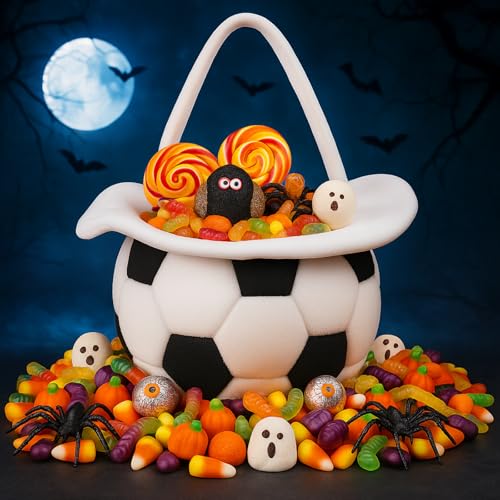 Simgoing Halloween Soccer Bucket with Handle 12.2 x 12.2 Inches Candy Trick or Treat Bag Cute Plush Halloween Hat for Kids Trick or Treat Football Birthday Party Favors Supplies by Simgoing - Used condition - US$8.90