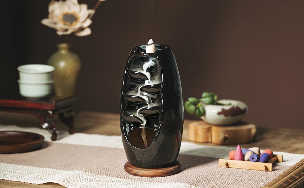 Image of Betala Fragrance Black Ceramic Fountain Smoke Waterfall Backflow Burner + 2 Pack Dhoop Cone, Chandan, Rose (50 Pcs) (Burner + 2 Incense Cone)