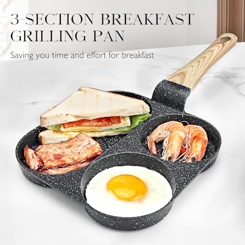 Image of GiPP Non Stick Egg Pan - 3 Section Breakfast Frying Pan, 3-In-1 Divided Grill Pan with Heat-Resistant Handle, 7.9 inch Omelette Pan Compatible with All Stovetops, PFOA Free, Grey