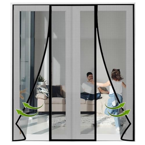 Magnetischer Fliegengitter-Tür, 120 x 240 cm, schwarz, Netzvorhang mit starken Magneten und durchgehendem Rahmen, Klettverschluss, keine Lücken für ultimativen Insektenschutz und frische