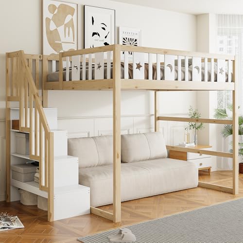 YuQozii Litera para niños de 140 x 200 cm con escalera, cama alta de madera maciza con barandillas de seguridad, decoración de estrellas y lunas.