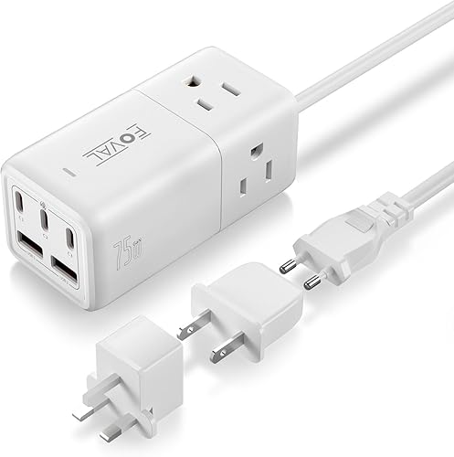 FOVAL - Adaptador de enchufe de viaje europeo, regleta de alimentación FOVAL de EE. UU. a Europa de 75 W, cargador USB C con 5 puertos USB, 3